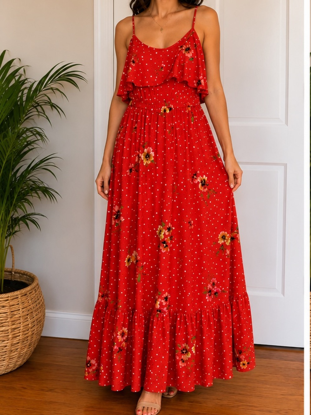 Peyton & Parker Floral Polka Dot Maxi Dress Coral Pink Cold Shoulder Boho Dress